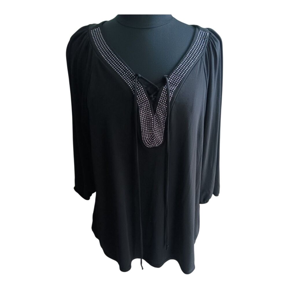 Avenue Black 3/4 Sleeve Lace-Up Studded Neckline Accent Plus 18/20 Top Blouse